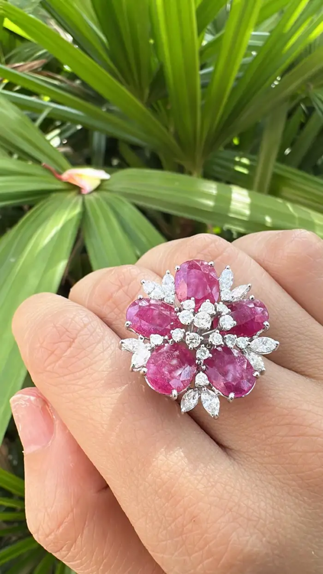 Natural Mozambique Ruby & Diamond Statement Ring - 18k White Gold Handmade Cocktail Ring Main Image