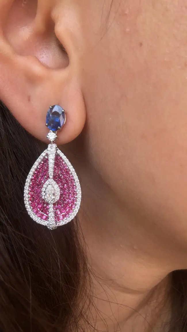 Ceylon Pink & Blue Sapphire Dangle Earrings - 18k White Gold & Rose Cut Diamond Women Earrings Main Image