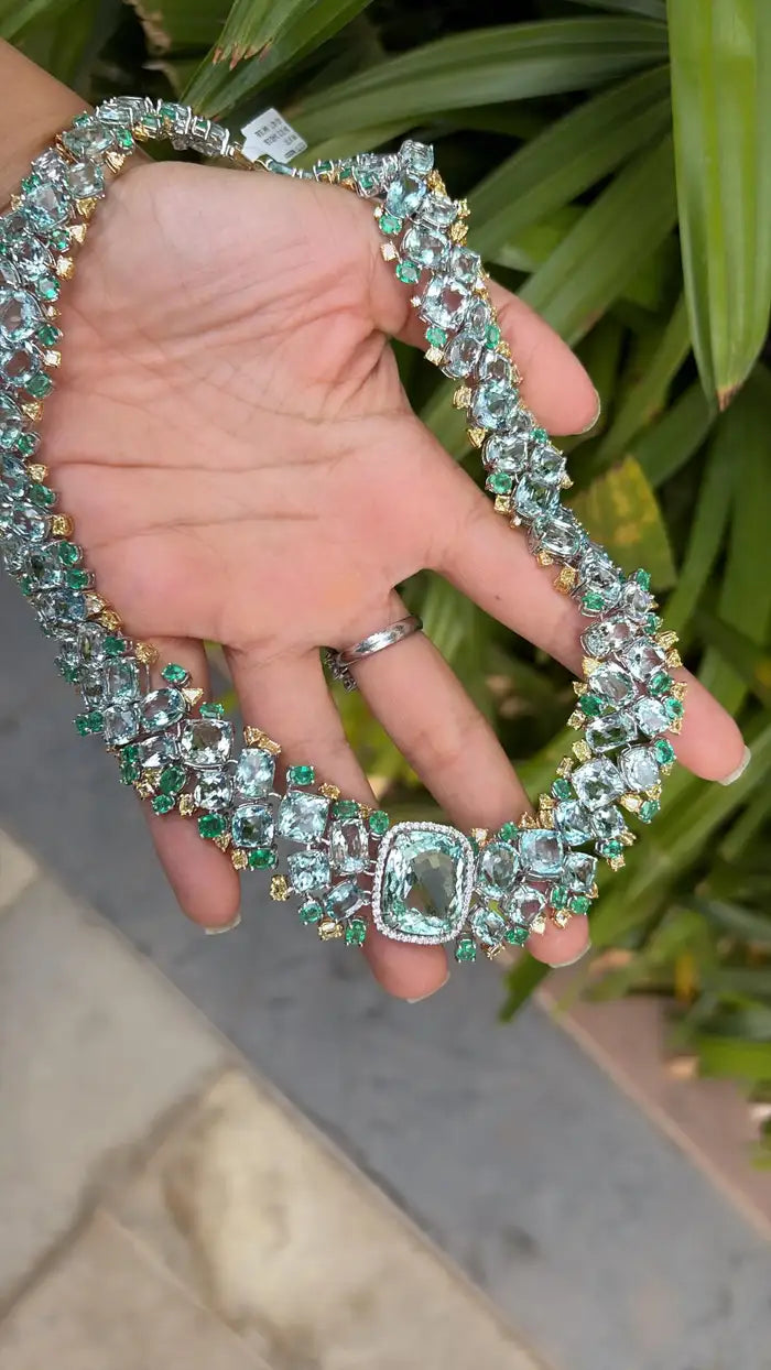 Natural Aquamarine & Zambian Emerald Necklace - 18k White Gold & Yellow Diamond Necklace