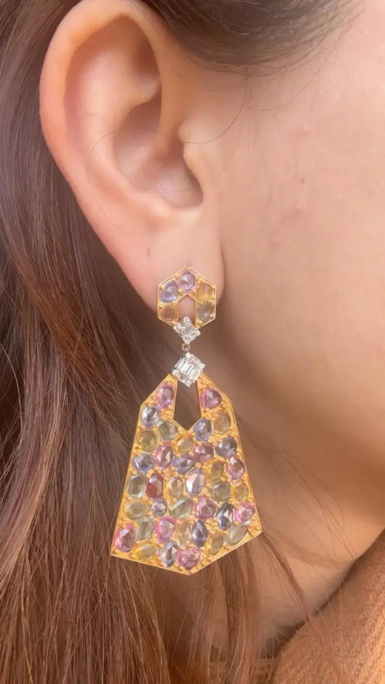 Natural Multi Sapphire & Diamond Dangle Earrings - 18k Matte Finish Earrings