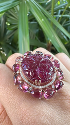 Hand Carved Tourmaline & Natural Diamond Cocktail Ring - 18k Rose Gold Ring