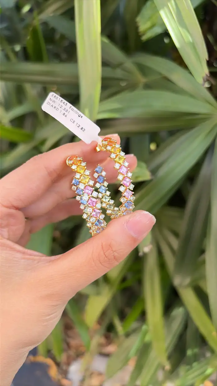 Natural Multi Sapphire & Diamond Hoop Earrings - 18k Yellow Gold Hoop Earrings