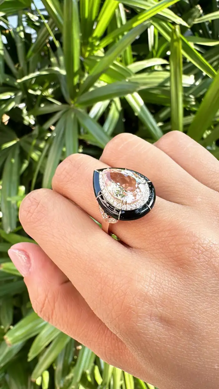 Pear Shape Morganite Ring - Black Enamel Statement Ring - 18k Rose Gold Diamond Ring - Best Anniversary Gift For Wife