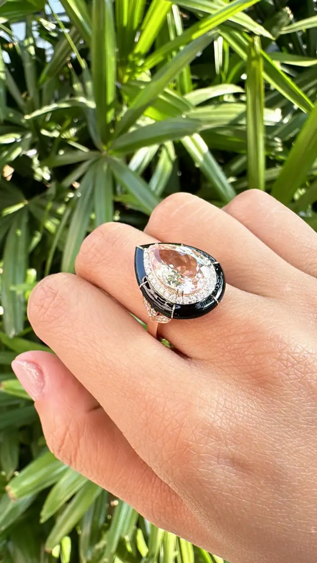 Pear Shape Morganite Ring - Black Enamel Statement Ring - 18k Rose Gold Diamond Ring - Best Anniversary Gift For Wife Main Image