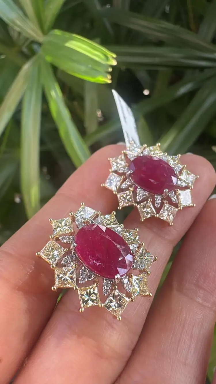Mozambique Ruby & Yellow Diamond Stud Earrings - 18k Gold Diamond Stud Earrings