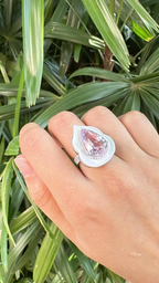 Natural Pink Kunzite & Mother Of Pearl Ring - 18k White Gold Diamond Handmade Ring