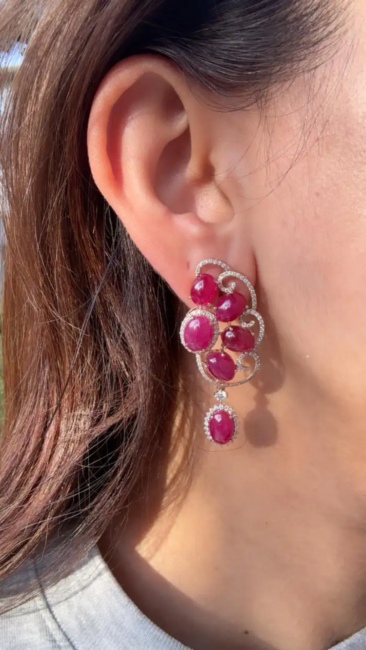 Natural Ruby Diamond Earrings - 18k Rose Gold Dangle Handmade Earrings