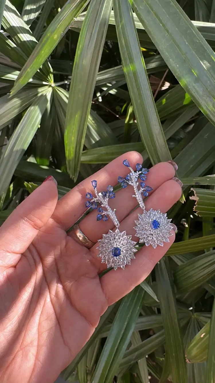 Natural Blue Sapphire Dangle Earrings - 18k White Gold Rose Cut Diamond Handmade Chandelier Earrings