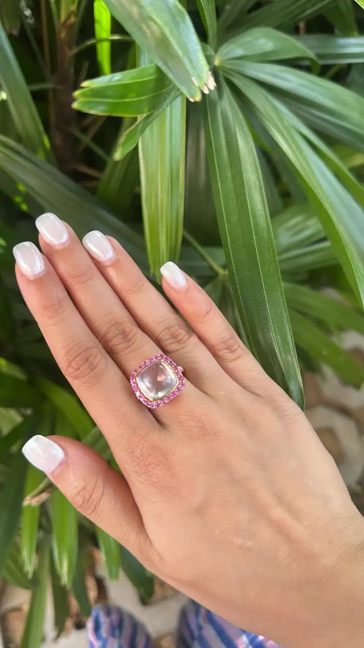 18k Rose Gold Diamond Ring - Natural Rose Quartz & Pink Sapphire Cocktail Ring