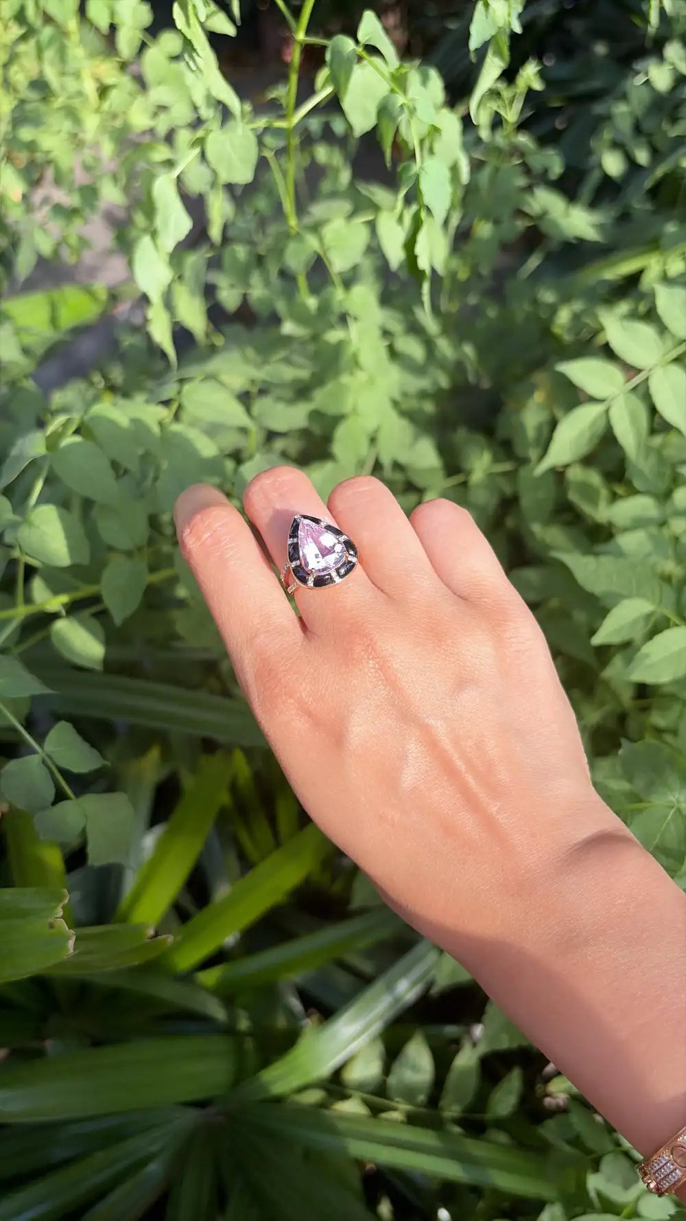 Natural Kunzite & Black Onyx Cocktail Ring - 18k Rose Gold Diamond Handmade Ring