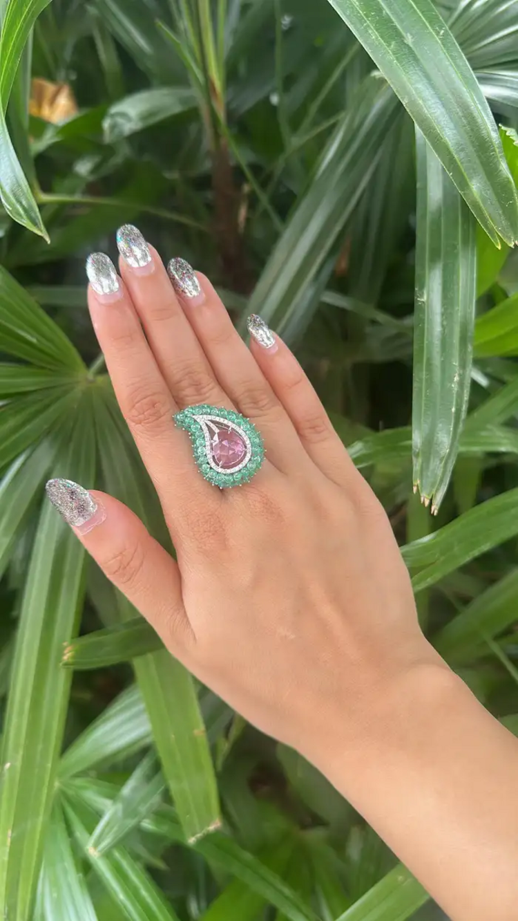 Natural Emerald & Pink Sapphire  Statement Ring - 18k White Gold Diamond Handmade Ring