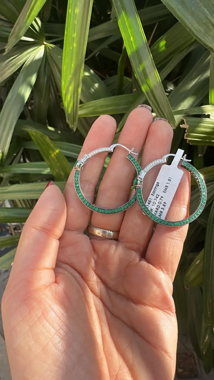 18k White Gold Diamond Hoop Earrings - Natural Zambian Emerald Earrings