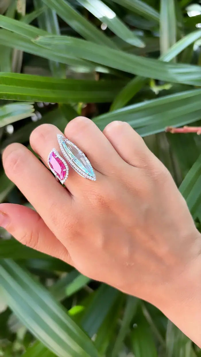 Natural Aquamarine & Mozambique Ruby Ring - 18k White Gold Diamond Ring