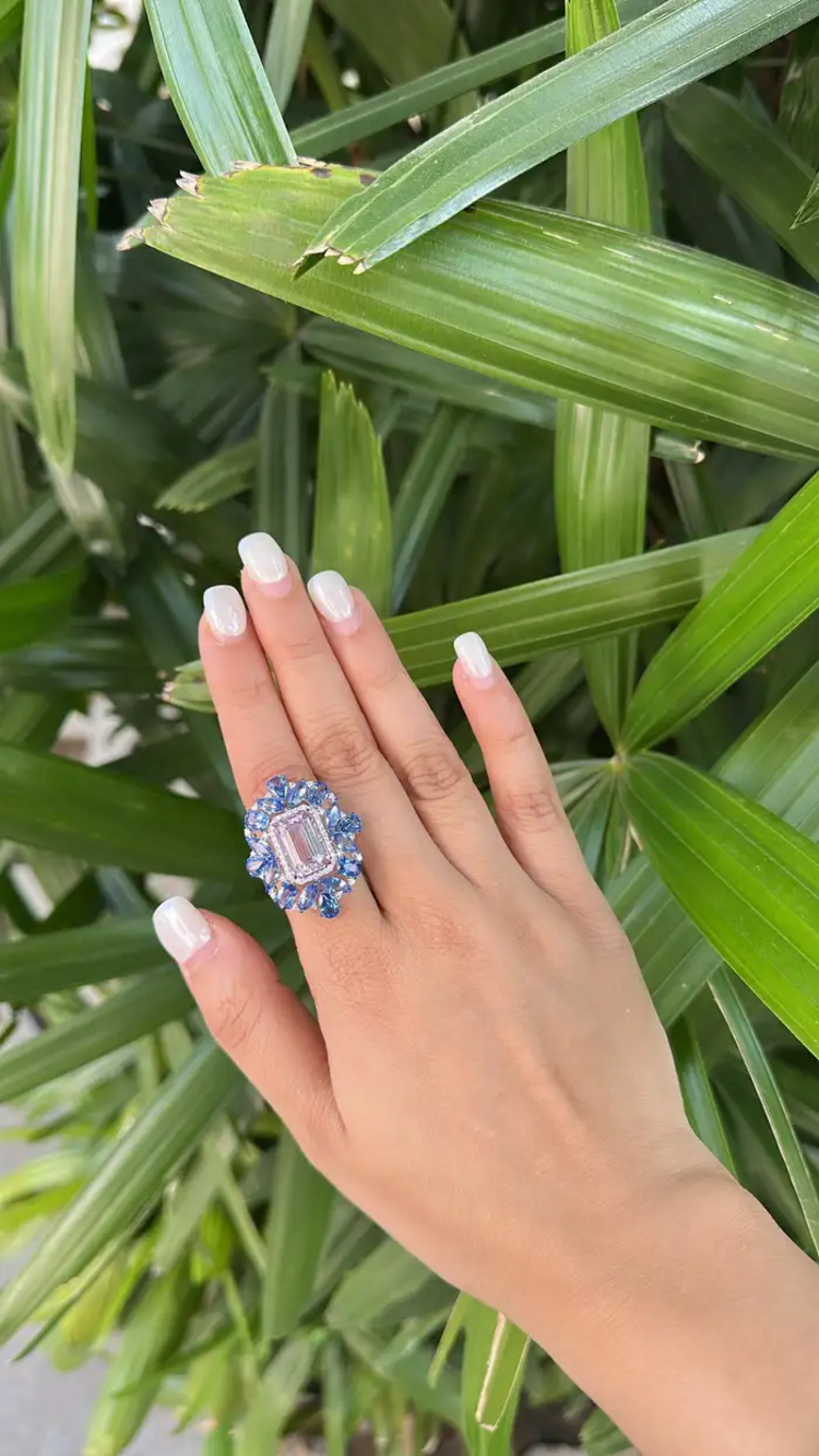 Natural Kunzite & Blue Sapphire Cocktail Ring - 18k White Gold Diamond Ring