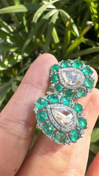 Colombian Emerald Sugarloaf & Rose Cut Diamond Stud Earrings - 18k White Gold Handmade Tiny Earrings