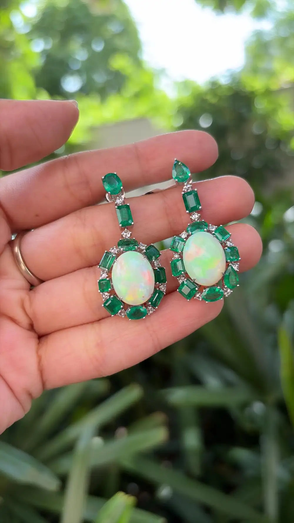 18k White Gold Diamond Dangle Earrings - Natural Zambian Emerald & Ethiopian Opal Dangle Earrings
