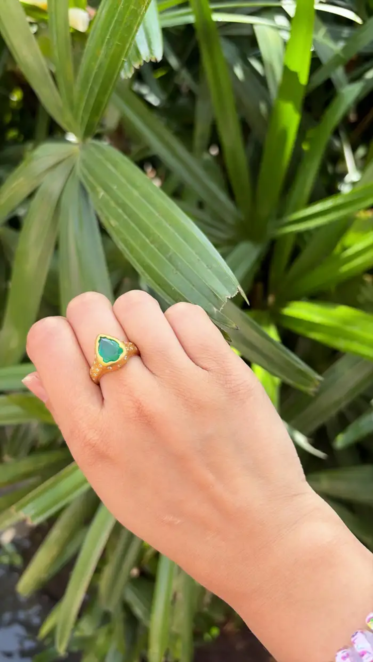 18k Yellow Matte Gold Ring - Natural Zambian Emerald & Diamond Ring