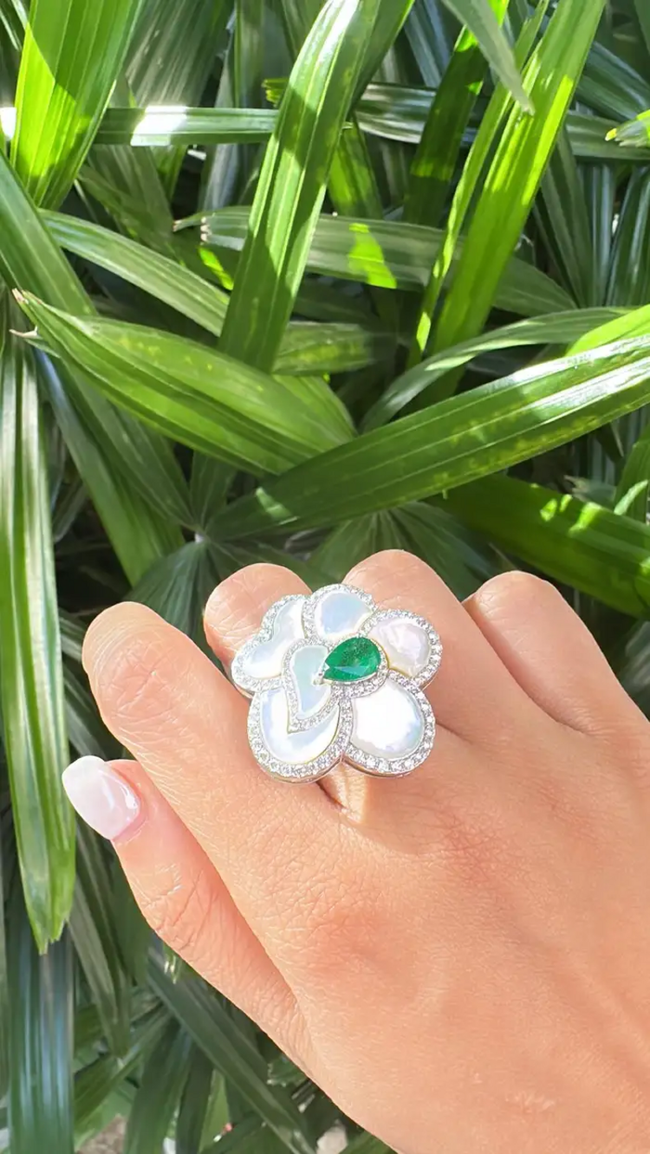 18k White Gold Diamond Cocktail Ring - Natural Mother Of Pearl & Zambian Emerald Ring Main Image