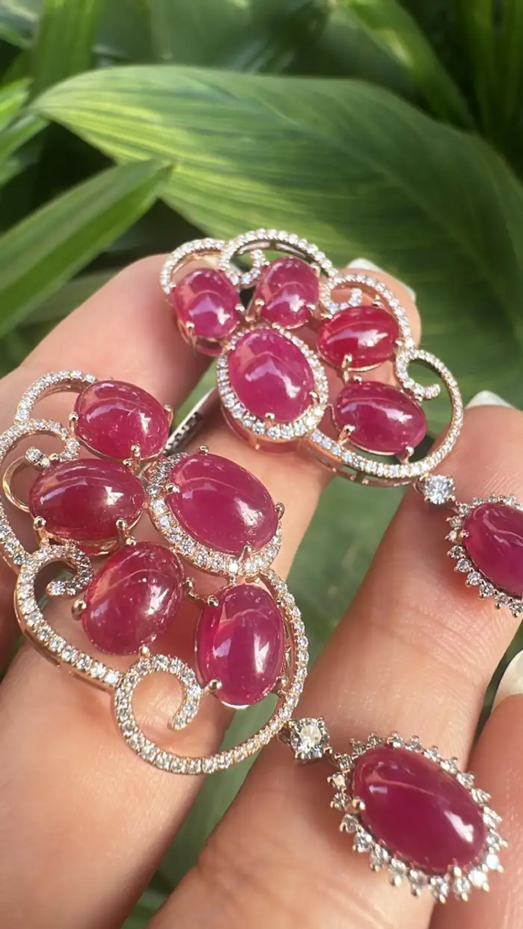 Natural Ruby Diamond Earrings - 18k Rose Gold Dangle Handmade Earrings