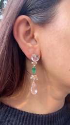 18k Rose Gold Rose Cut Diamond Dangle Earrings - Natural Zambian Emerald & Morganite Earrings