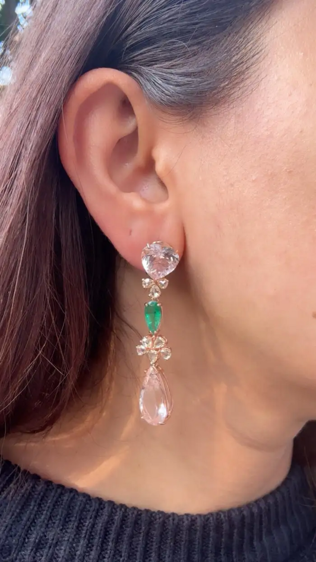 18k Rose Gold Rose Cut Diamond Dangle Earrings - Natural Zambian Emerald & Morganite Earrings Main Image