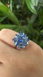 Natural Blue Sapphire Diamond Cocktail Ring - 18k White Gold Handmade Ring