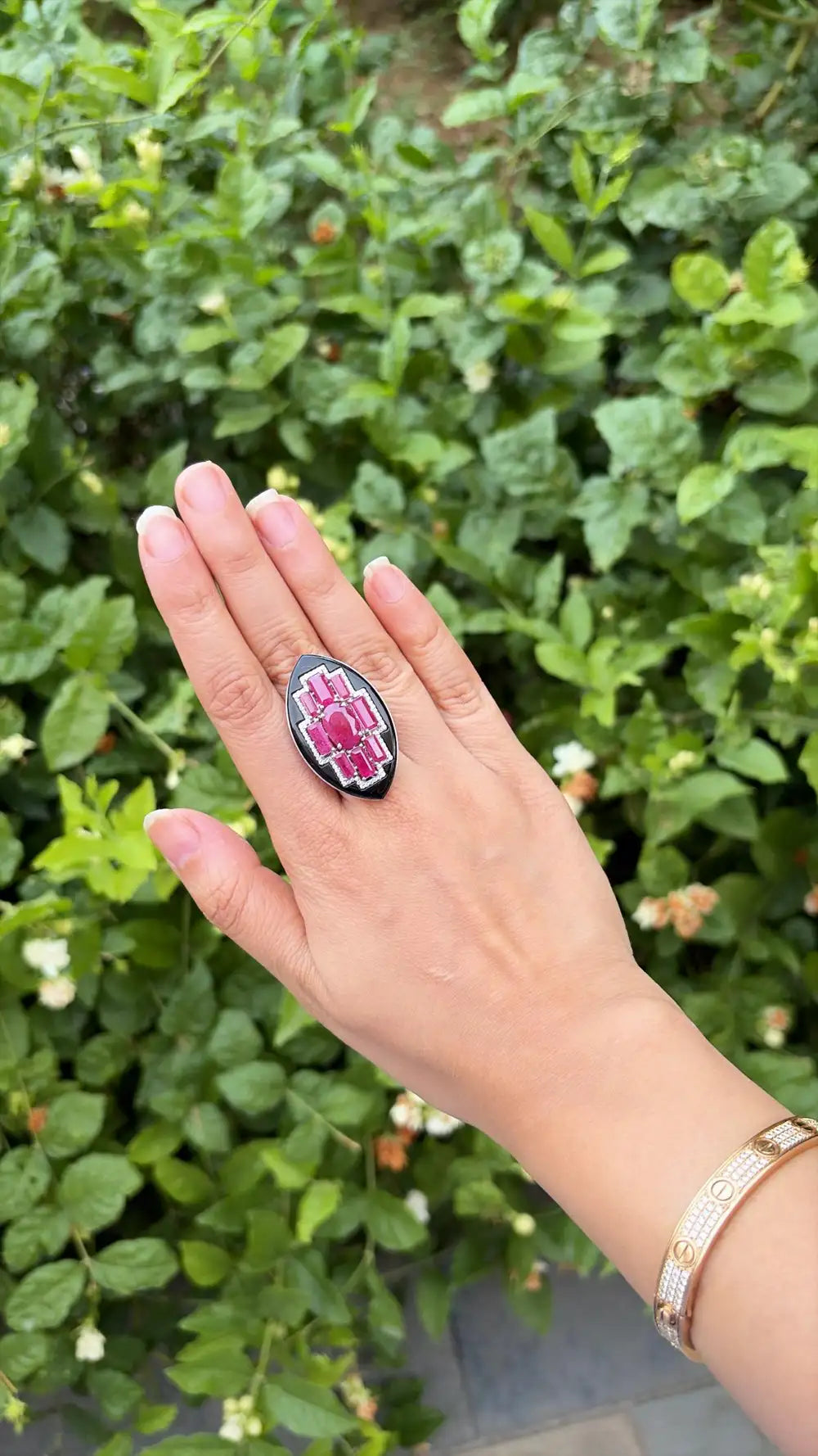 Natural Mozambique Ruby & Black Onyx Gemstone Ring - 18k White Gold Diamond Cocktail Ring