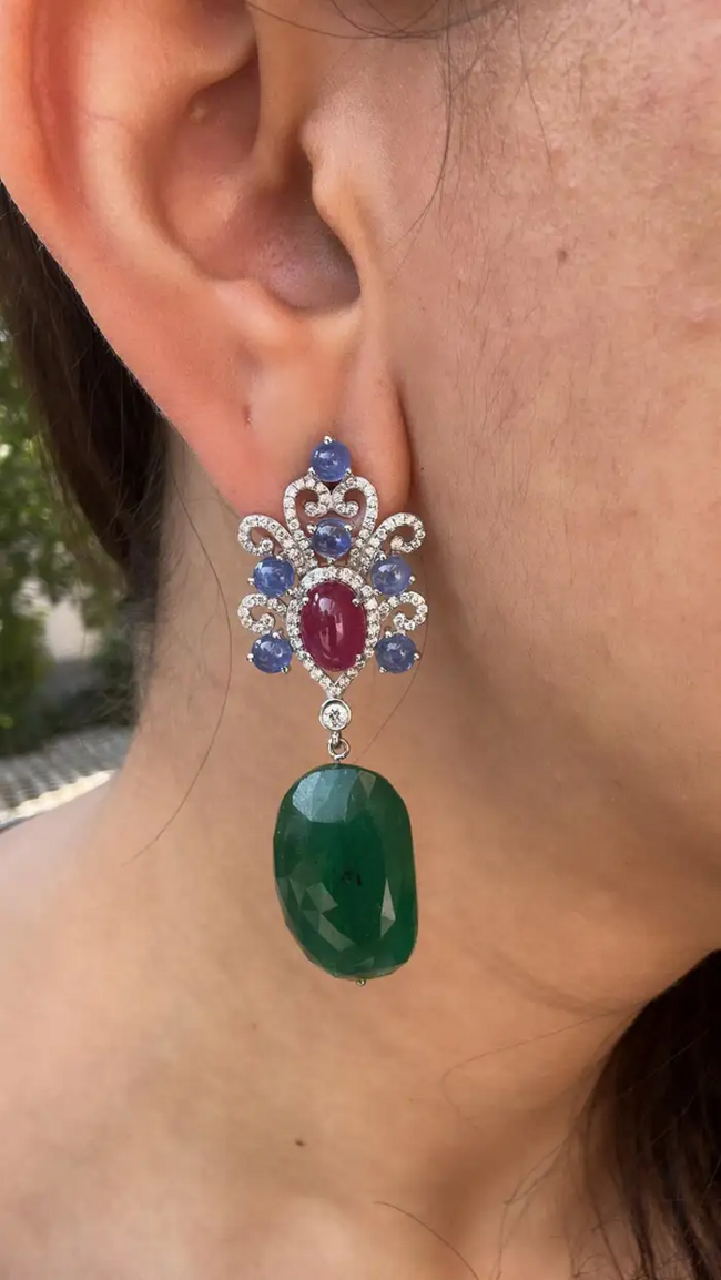 18k White Gold Diamond Dangle Earrings - Natural Blue Sapphire, Mozambique Ruby & Zambian Emerald Tumble Earrings Main Image