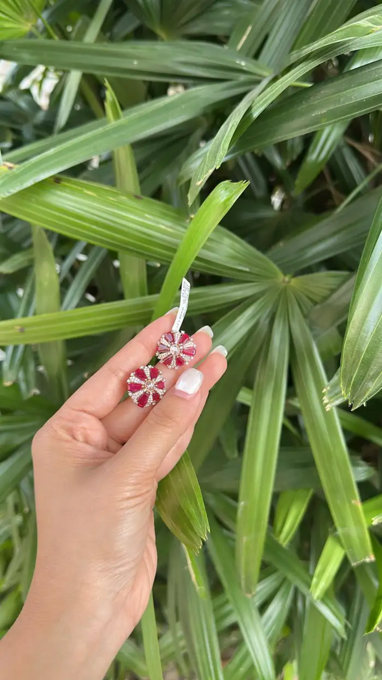 18k Rose Gold Diamond Stud Earrings - Natural Ruby & Rose Cut Diamond Earrings