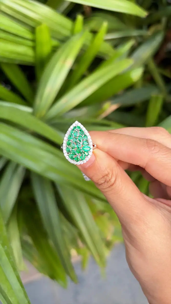18k White Gold Diamond Ring - Natural Zambian Emerald Cocktail Ring
