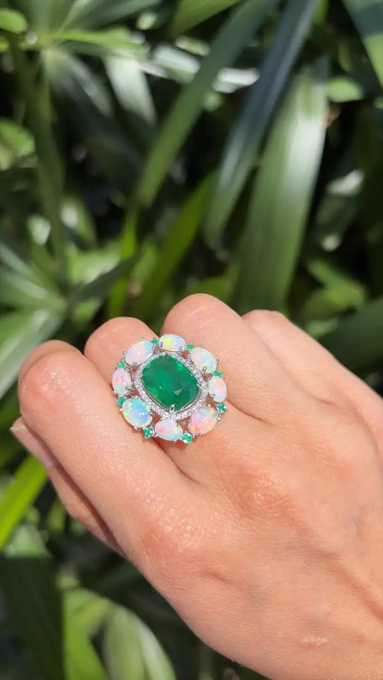 18k White Gold Diamond Ring - Natural Zambian Emerald & Ethiopian Opal Cocktail Ring
