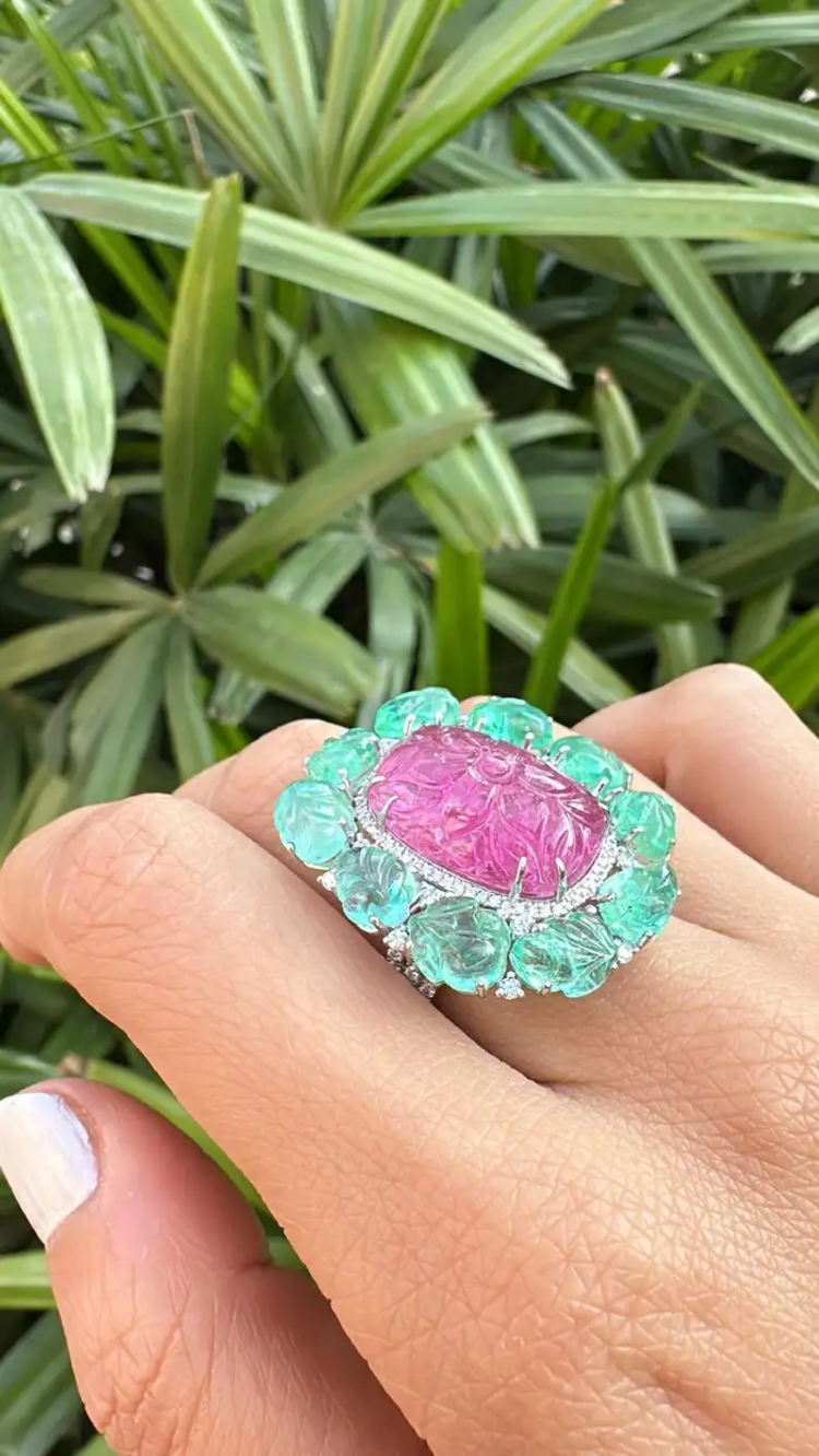 Carved Tourmaline, Emeralds & Diamonds Cocktail Ring - 18k White Gold Handmade Ring