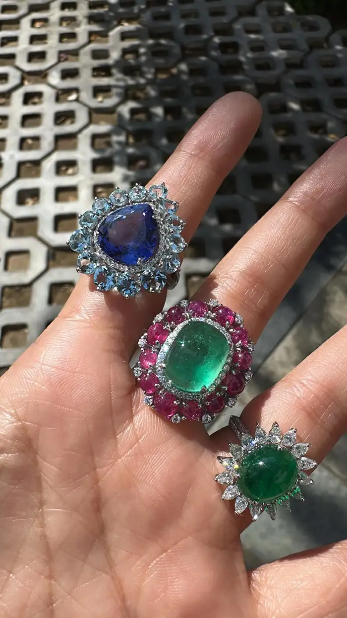 18k White Gold Diamond Cocktail Ring - Natural Colombian Emerald & Ruby Statement Ring
