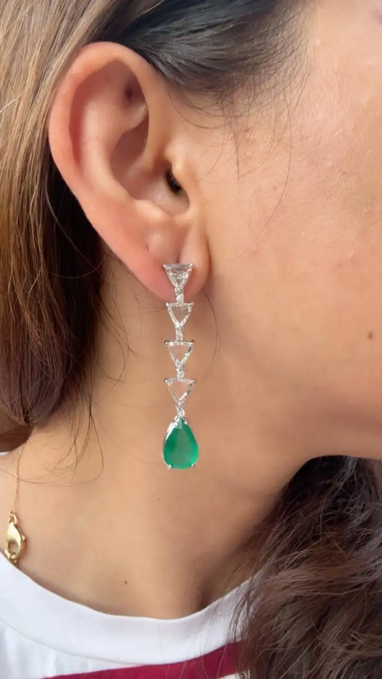 18k White Gold Diamond Drop Dangle Earrings - Natural Zambian Emerald & Rose Cut Diamond Earrings