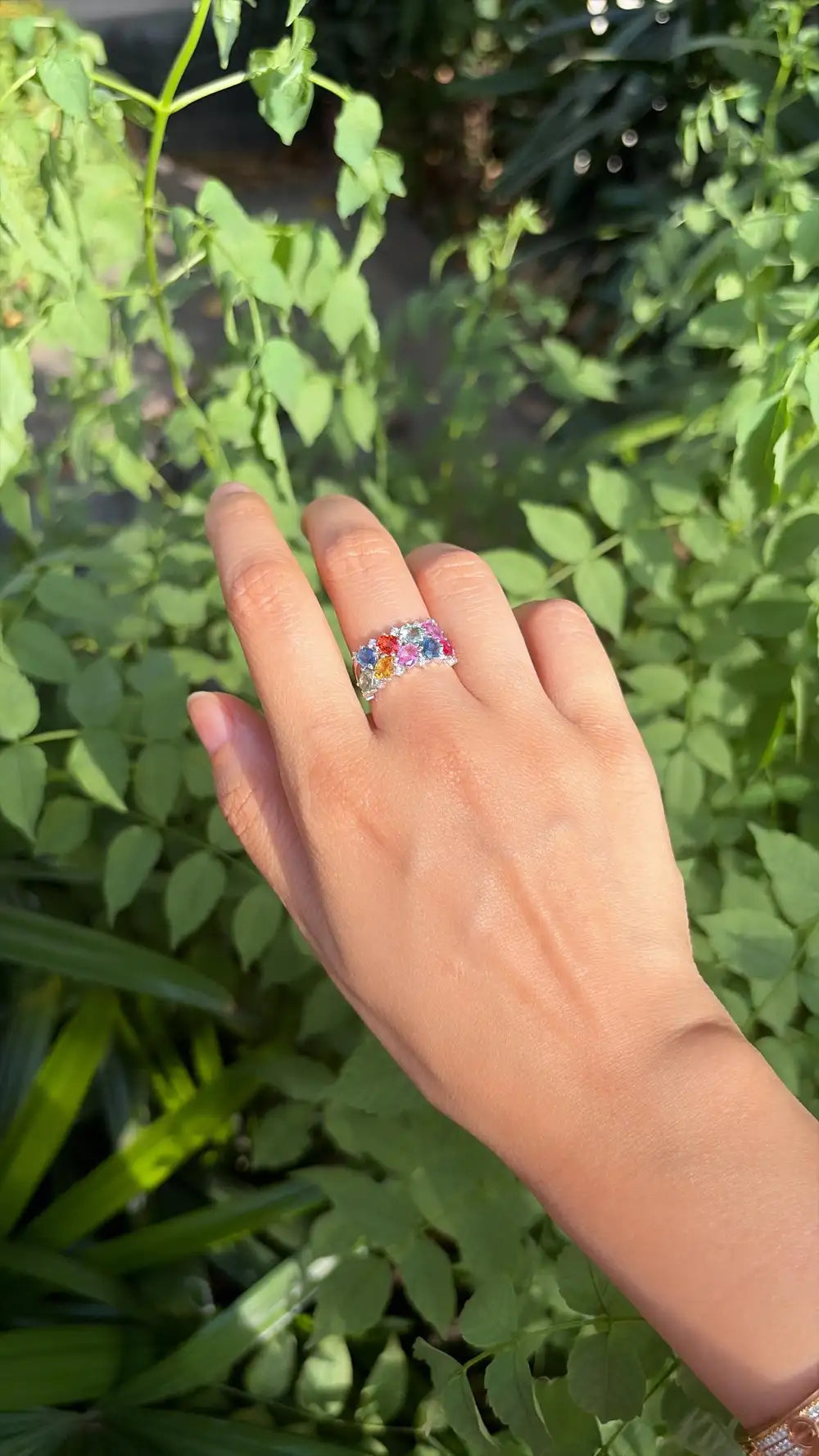 Natural Multi Sapphire & Diamond Band Ring - 18k White Gold Handmade Wedding Ring