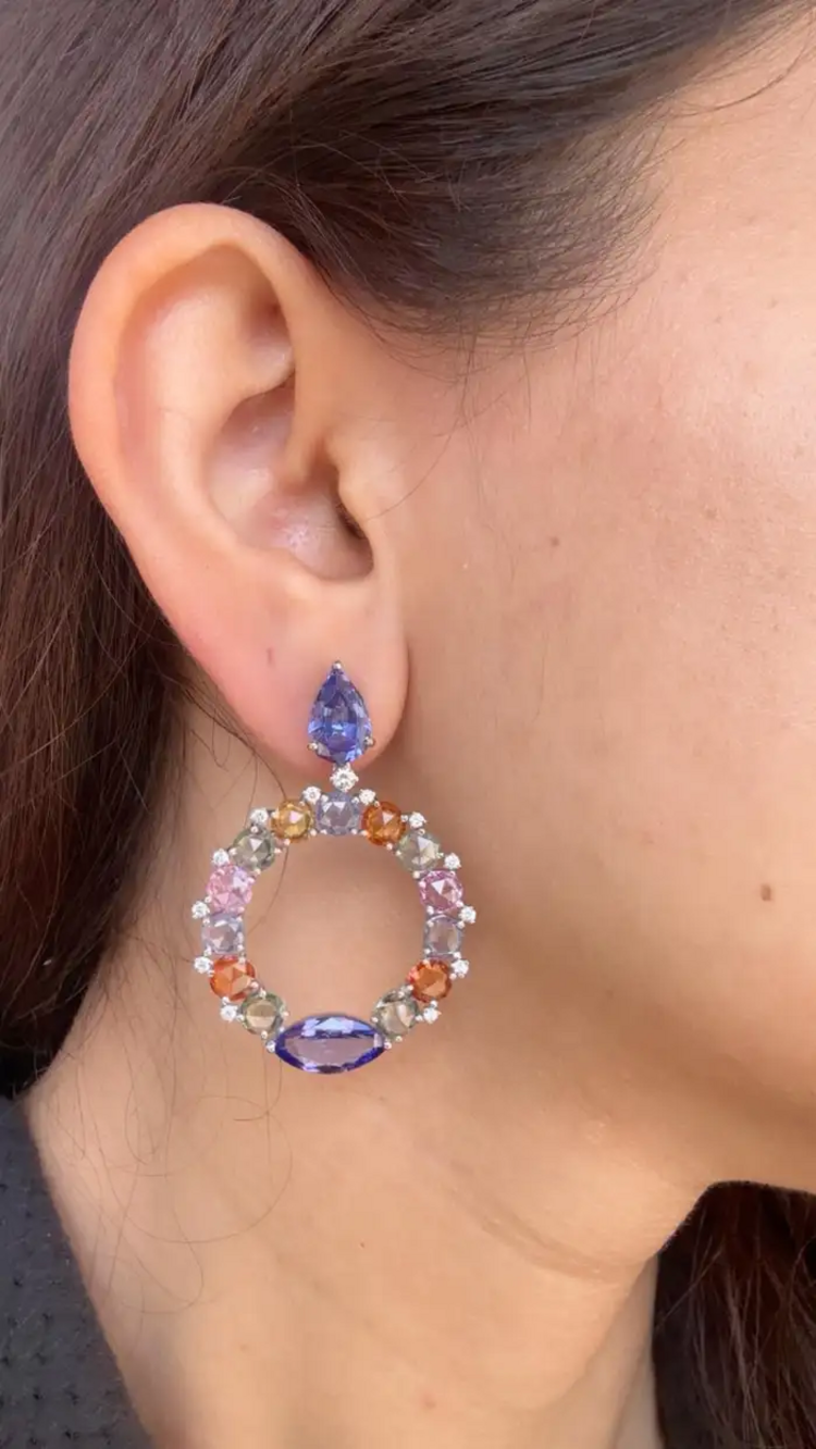 18k White Gold Diamond Dangle Earrings - Natural Tanzanite & Multi Sapphire Earrings