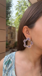 Natural Ceylon Blue & Pink Sapphire Gemstone Hoop Earrings - 18k White Gold Diamond Women Earrings