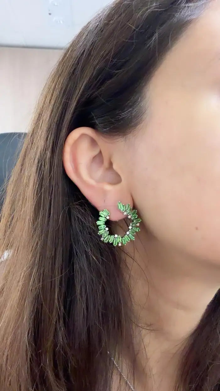 18k White Gold Diamond Earrings Natural Tsavorite Hoop Earrings