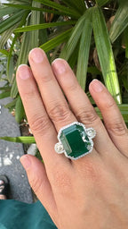 Natural 24.51 Ct. Zambian Emerald Engagement Ring - 18k White Gold Rose Cut Diamond Statement Ring