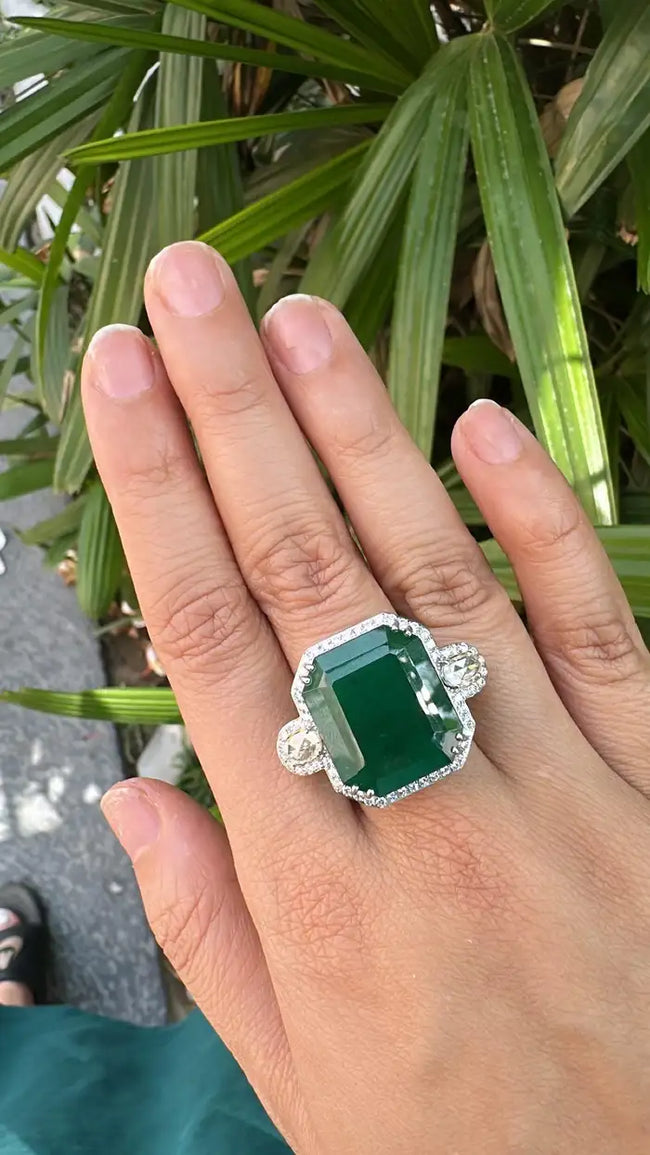 Natural 24.51 Ct. Zambian Emerald Engagement Ring - 18k White Gold Rose Cut Diamond Statement Ring Main Image