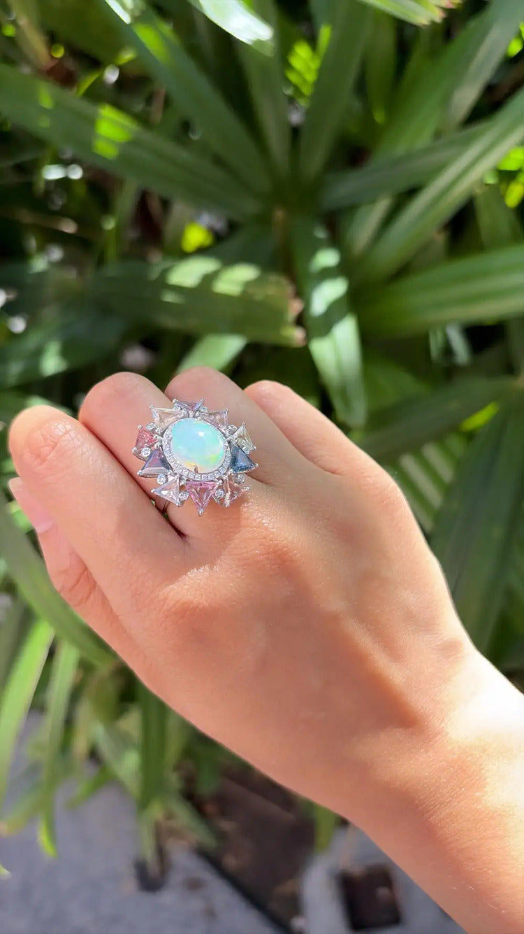18k White Gold Diamond Cocktail Ring - Natural Ethiopian Opal & Multi Sapphire Ring
