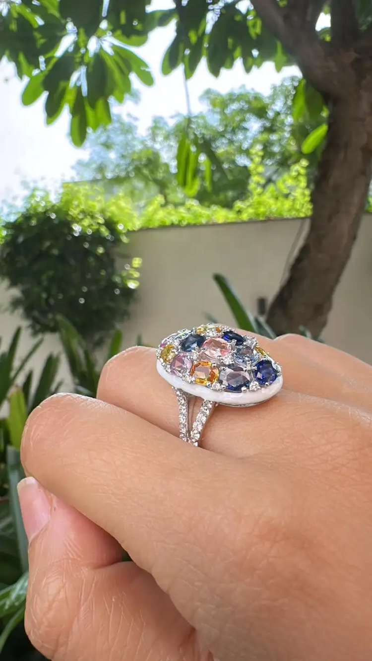 Natural Multi Sapphire & White Enamel Cocktail Ring - 18k White Gold Diamond Ring