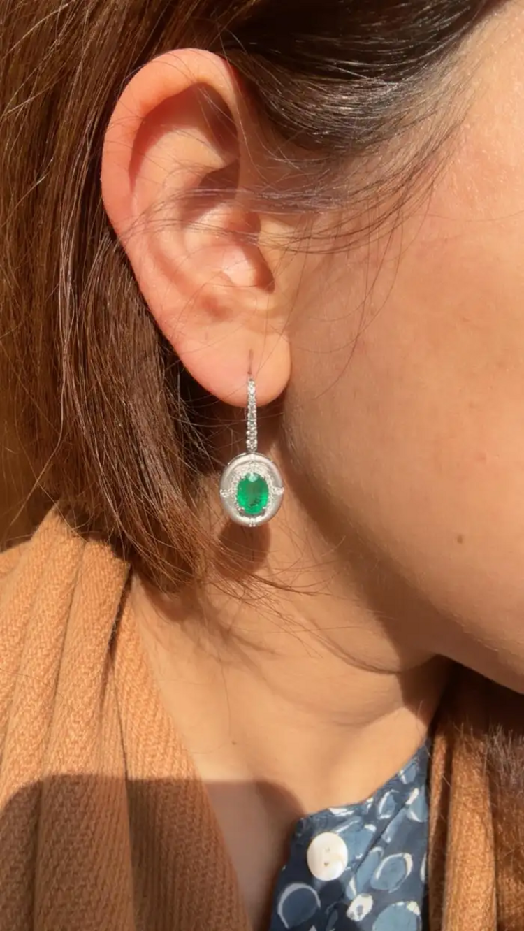 18k Matte Gold Handmade Earrings - Natural Zambian Emerald & Diamond Dangle Earrings