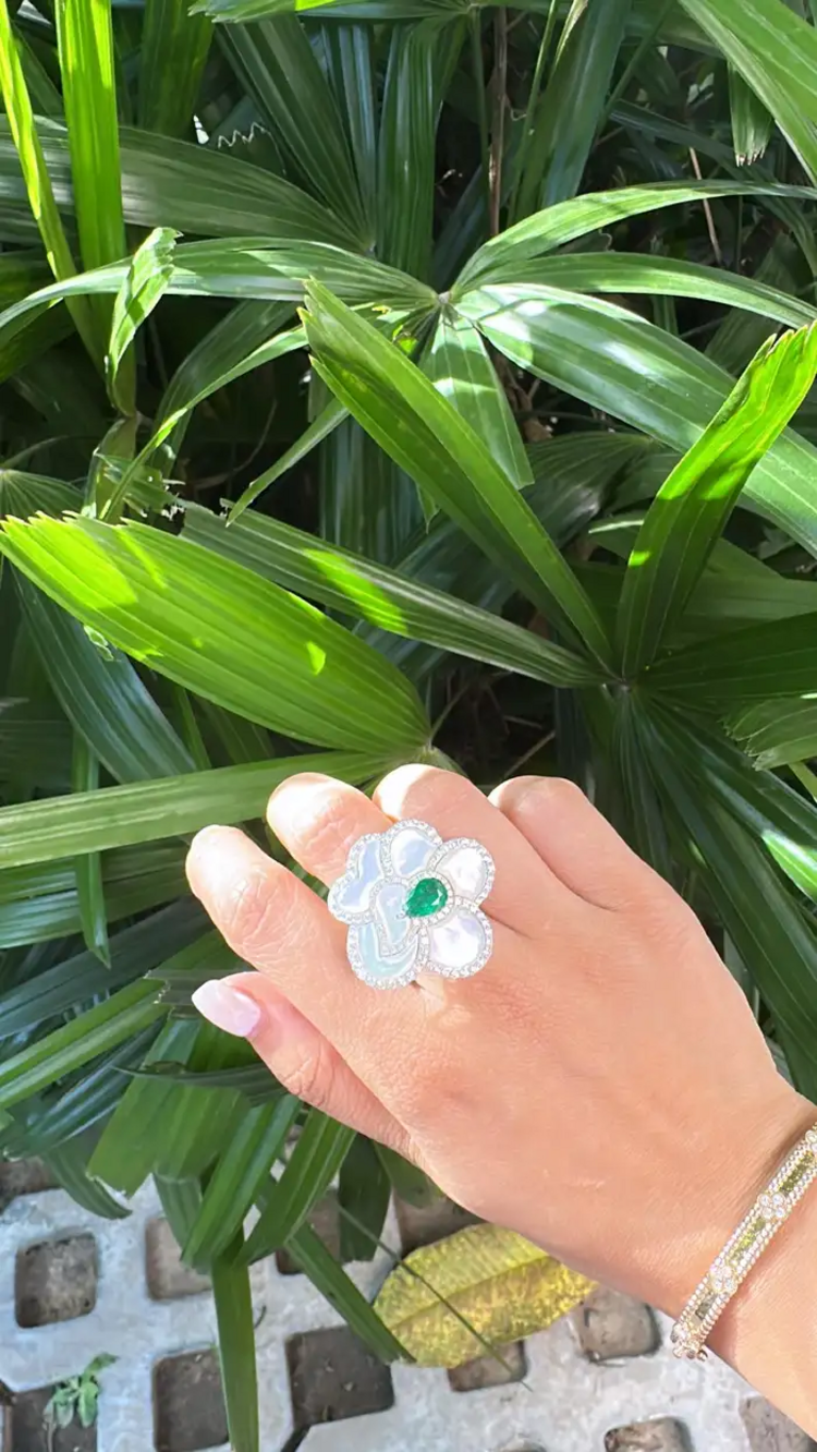 18k White Gold Diamond Cocktail Ring - Natural Mother Of Pearl & Zambian Emerald Ring