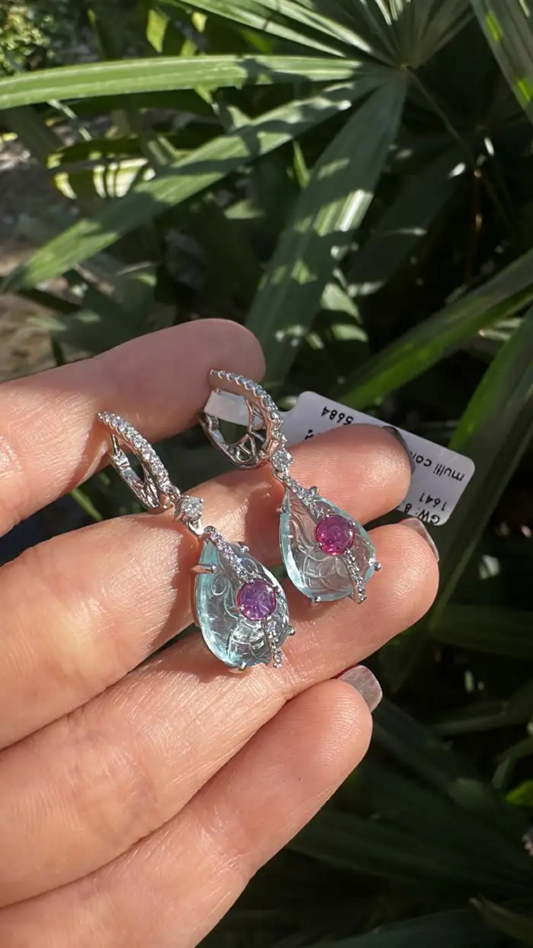 18k White Gold Diamond Dangle Earrings - Natural Ruby & Hand Carved Aquamarine Earrings