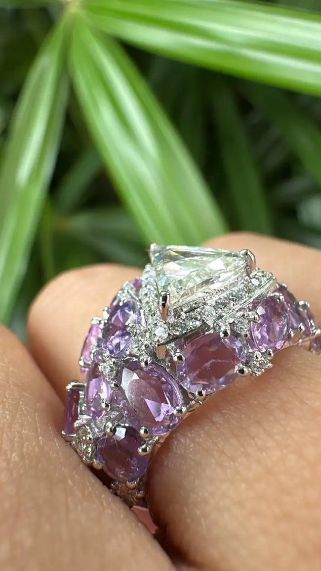 18k White Gold Rose Cut Diamond Ring - Natural Multi Sapphire Wedding Ring Main Image