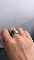 18k White Gold Handmade Bridal Ring - Natural Zambian Emerald & Diamond Ring