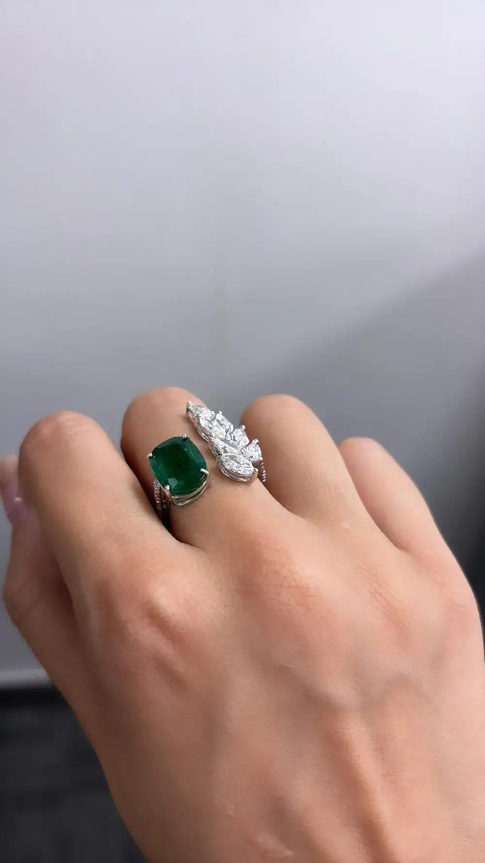 18k White Gold Handmade Bridal Ring - Natural Zambian Emerald & Diamond Ring