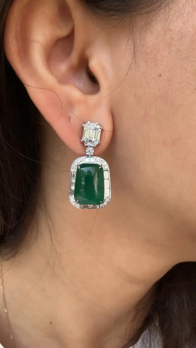 Emerald Cabochons & Diamonds Dangle Earrings - 18k White Gold Handmade Women Earrings Main Image