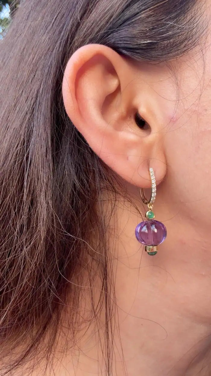 Natural Amethyst & Emerald Dangle Earrings - 18k Yellow Gold Diamond Earrings